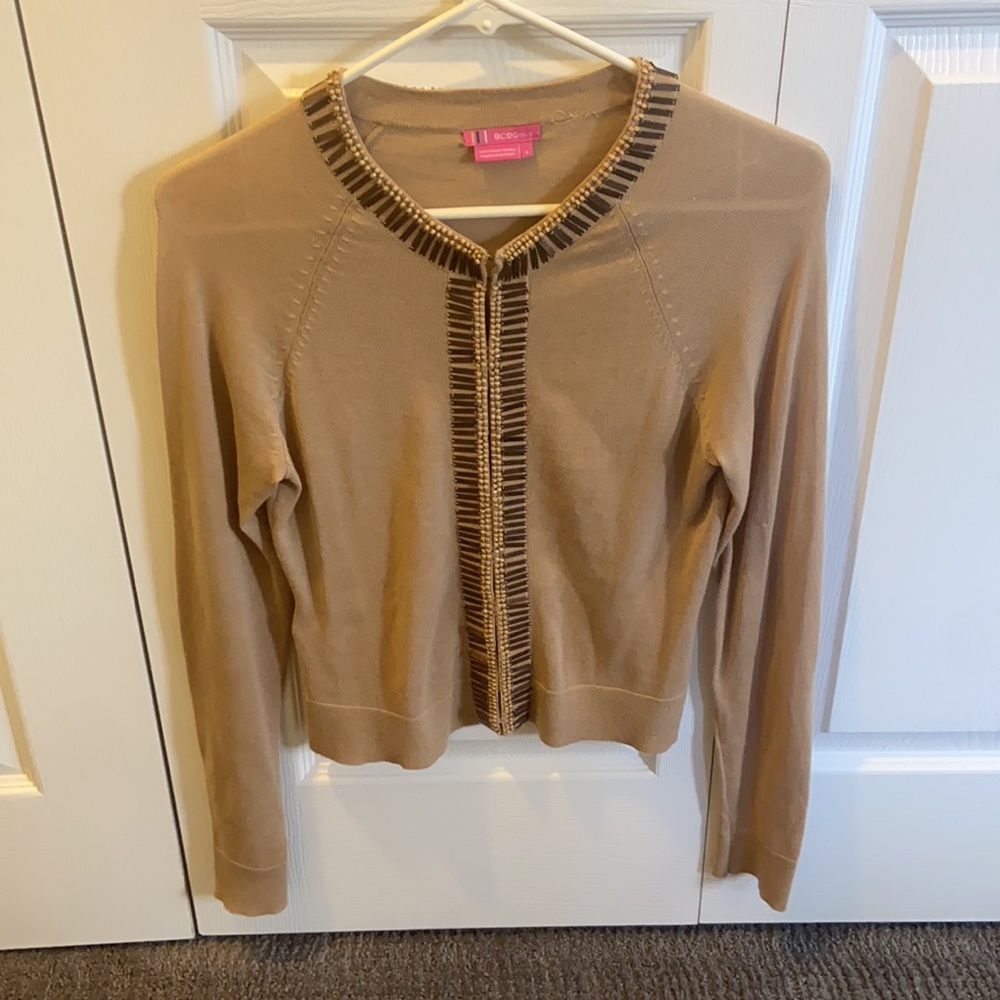 BCBGirls Women’s Cream and Tan Long-Sleeve Sweater Cardigan S